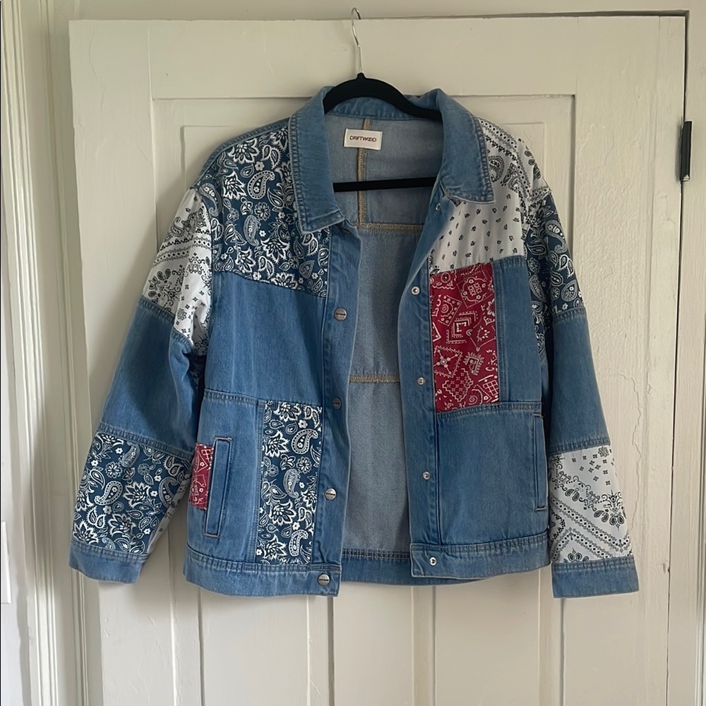 Blue and Red Bandana Patchwork Jean Jacket